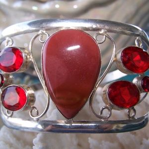Large Silver Cuff Bracelet Carnelian and red stone